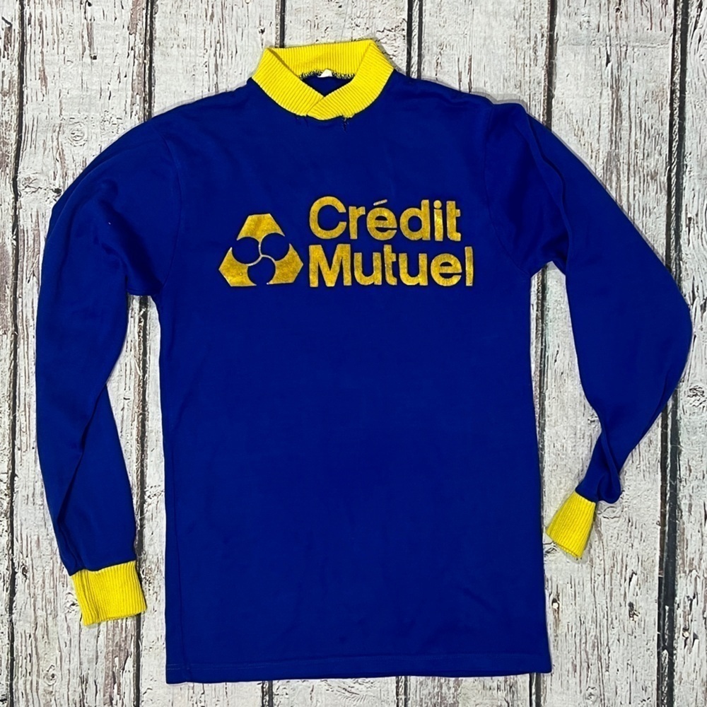 Vintage 80s Credit Mutuel Soccer Blue Sports 1980s Blue Uniform Jersey Shirt